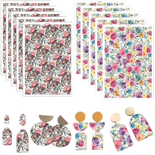 Ton-Transferpapier für Ohrringe, Schmuck, Blumen- und Rosenmuster, 2 Designs, Polymer-Ton-Transferpapier, Wasserlösung, Transferpapier für Ton-Ohrringe, Schmuckherstellung, 10 Stück von CYFUN DESIGN