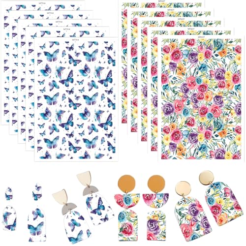 Ton-Transferpapier für Ohrringe, Schmuck, Schmetterlinge und Blumenmuster, 2 Designs, Polymer-Ton-Transferpapier, Wasserlösungs-Transferpapierbögen für Ton-Ohrringe, Schmuckherstellung, 14 x 8 cm, 10 von CYFUN DESIGN