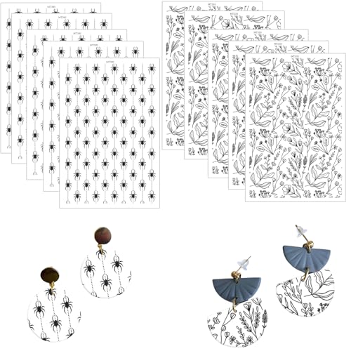 Ton-Transferpapier für Ohrringe, Schmuck, Spinnen und Blätter, Blumenmuster, 2 Designs, Polymer-Ton-Transferpapier, Wasserlösung, Transferpapier für Ton-Ohrringe, Schmuckherstellung, 14 x 8 cm, 10 Ton-Transferpapier für Ohrringe, Schmuck, Spinnen und Blätter, Blumenmuster, 2 Designs, Polymer-Ton-Transferpapier, Wasserlösung, Transferpapier für Ton-Ohrringe, Schmuckherstellung, 14 x 8 cm, 10 von CYFUN DESIGN