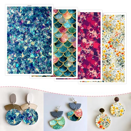 Ton-Transferpapier für Ohrringe und Polymerton, 4 Designs, 10 Blatt Wassertransferpapier für Polymerton, Schmuck, Bastelbedarf, Fragmentskala, Spritztinte, Blumenmuster, 14,8 x 10 cm von CYFUN DESIGN