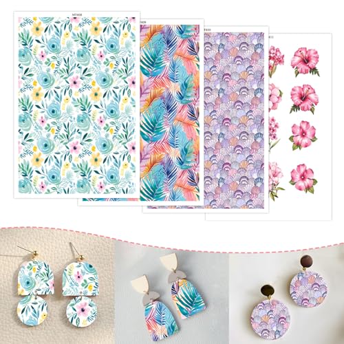 Transferpapier für Ohrringe, 4 Designs (tropische Blätter, rosa Blumen, violette Muscheln), doppelseitige Wasser-Ton-Aufkleber, Einweg-Ton-Transferbogen für DIY-Schmuckherstellung, 20 Stück von CYFUN DESIGN