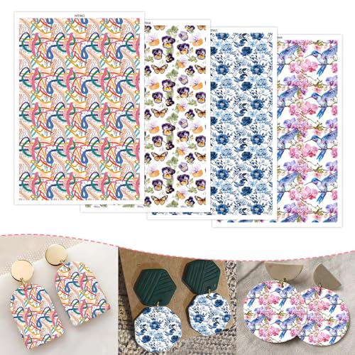 Transferpapier für Polymer-Ton, 4 Designs, Schmetterling, Vögel, Blumen, Muster, Ton, Transferbögen, wasserlösliche Polymer-Ton, Transferblätter für selbstgemachte Schmuckherstellung, Ohrringe, 14 x 8 von CYFUN DESIGN