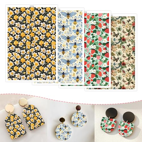Transferpapier für Polymer-Ton, Blumen-Biene, Buttery-Erdbeer-Muster, 4 Design-Muster, wasserlösliche Ton-Transferblätter zum Basteln von weichen Keramik-Ohrringen, Schmuck und Polymer-Ton-Formen, 20 Transferpapier für Polymer-Ton, Blumen-Biene, Buttery-Erdbeer-Muster, 4 Design-Muster, wasserlösliche Ton-Transferblätter zum Basteln von weichen Keramik-Ohrringen, Schmuck und Polymer-Ton-Formen, 20 von CYFUN DESIGN