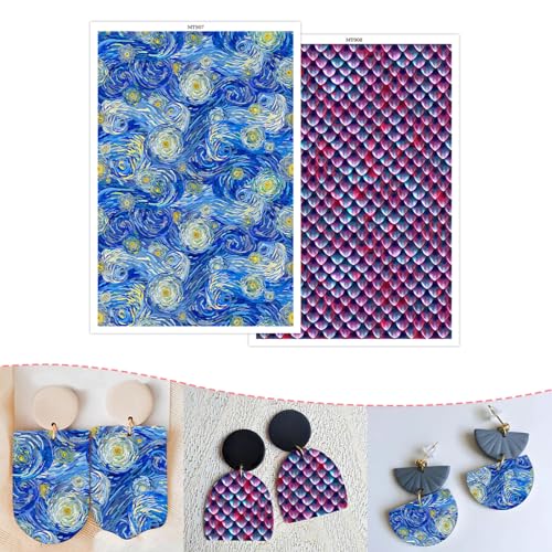 Transferpapier für Polymerton, 2 Designs, abstraktes Sternennachtskalenmuster, Ton-Transferbögen, wasserlösliche Polymer-Ton-Transferblätter für DIY-Schmuckherstellung, Ohrringe, 14 x 8 cm, 10 Stück von CYFUN DESIGN