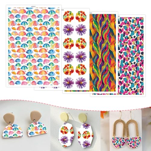 Transferpapier für Polymerton, 4 Designs, Regenschirm, Blumen, abstrakte Wellenlinien, Leopardenmuster, wasserlösliche Polymer-Ton-Transferblätter für selbstgemachte Schmuckherstellung, Ohrringe, 14 x von CYFUN DESIGN