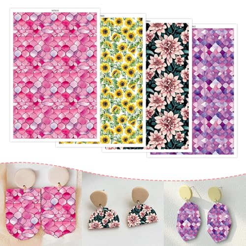 Transferpapier für Polymerton, 4 Designs, Sonnenblumen, unregelmäßige Form, Muster, Ton, Transferbögen, wasserlösliche Polymer-Ton, Transferblätter für selbstgemachte Schmuckherstellung, Ohrringe, 14 von CYFUN DESIGN
