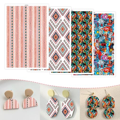 Transferpapier für Polymerton, 4 Designs, Streifen, Diamanten, Graffiti, abstrakte Gesichter, Ton-Transferbögen, wasserlösliche Polymer-Ton-Transferblätter für DIY-Schmuckherstellung, Ohrringe, 14 x 8 von CYFUN DESIGN