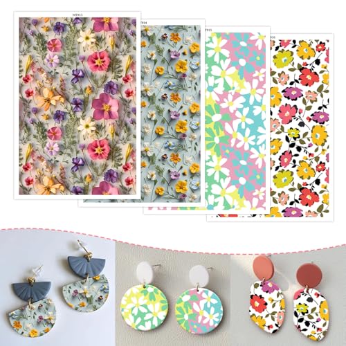 Transferpapier für Polymerton, 4 Designs, buntes Blumenmuster, Ton, Transferbögen, Blüten, wasserlöslich, Polymer-Ton, Transferblätter für DIY-Schmuckherstellung, Ohrringe, 14 x 8 cm, 20 Stück von CYFUN DESIGN