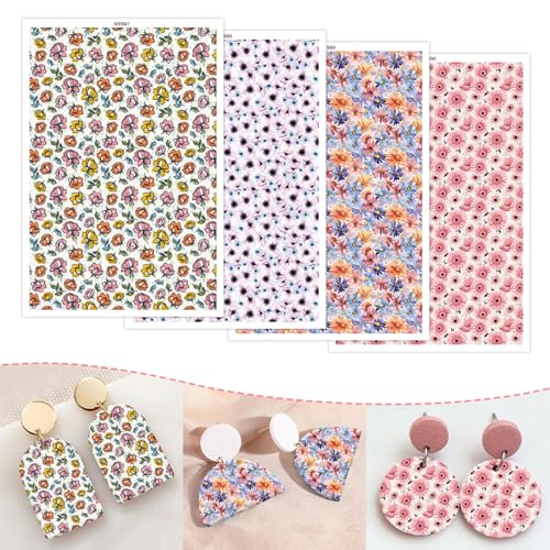Transferpapier für Polymerton, 4 Designs, einzigartige Blüten- und Blätter-Ton-Transferbögen, wasserlösliche Polymer-Ton-Transferblätter für selbstgemachte Schmuckherstellung, Ohrringe, Aufkleber, 14 von CYFUN DESIGN
