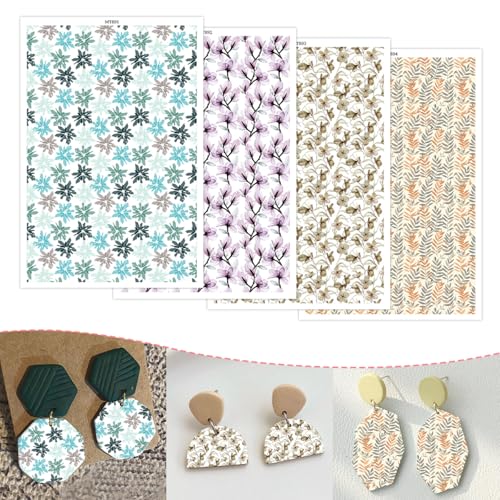 Transferpapier für Polymerton, 4 Designs, elegantes Blumen- und Blattmuster, Ton, Transferbögen, wasserlösliche Polymer-Ton-Transferblätter für selbstgemachte Schmuckherstellung, Ohrringe, Aufkleber von CYFUN DESIGN