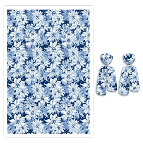 Transferpapier für Polymerton, blaue Gänseblümchen, Polymer-Ton, Transferblätter, wasserlösliches Transferpapier, Polymer-Ton für DIY-Kunstschmuck, Ohrringe, Einwegaufkleber, 14 x 8 cm, 10 Stück von CYFUN DESIGN