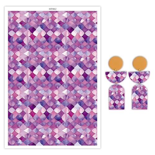 Transferpapier für Polymerton, violette und rosa Diamantmuster, Polymer-Ton, Transferblätter, florales wasserlösliches Transferpapier, Polymer-Ton für Bastelarbeiten, Kunst, Schmuck, Ohrringe, 14 x 8 von CYFUN DESIGN