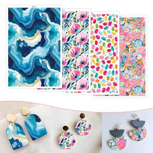 Transferpapier für selbstgemachte Ohrringe, 4 Designs, blaue Flüssigkeit/Mohnblume/bunte Punkte/Blume, Pfirsichmuster, doppelseitig, Wasser-Einweg-Ton-Transferblätter für DIY-Schmuckherstellung, 20 Transferpapier für selbstgemachte Ohrringe, 4 Designs, blaue Flüssigkeit/Mohnblume/bunte Punkte/Blume, Pfirsichmuster, doppelseitig, Wasser-Einweg-Ton-Transferblätter für DIY-Schmuckherstellung, 20 von CYFUN DESIGN