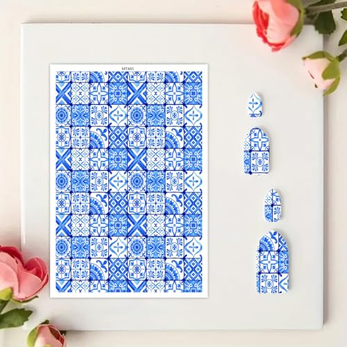 Transferpapier mit Blumenmuster, für Bastelarbeiten, blaues magisches Wasser, Polymer-Ton, Transferpapier für Modelliermasse, Schmuck, Ohrringe, 14 x 8 cm, 10 Stück von CYFUN DESIGN