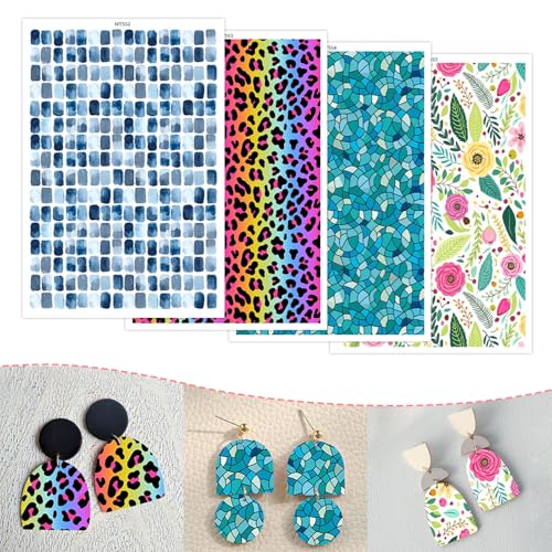 Transferpapier mit Leopardenmuster, für Polymerton, 4 Design-Wassertransferblätter für Polymerton, kleine Suqares, Polymer-Ton, Transferpapier für Bastelarbeiten, Kunst, Schmuck, Ohrringe, 14 x 8 cm von CYFUN DESIGN