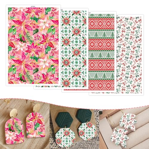 Weihnachts-Transferpapier für Ohrringe und Polymerton, Weihnachtsstern, Schleife, wasserlöslich, Transferfolie für Polymerton, DIY, Kunst, Handwerk, Schmuck, Ohrringe, 14 x 8 cm, 20 Blatt Weihnachts-Transferpapier für Ohrringe und Polymerton, Weihnachtsstern, Schleife, wasserlöslich, Transferfolie für Polymerton, DIY, Kunst, Handwerk, Schmuck, Ohrringe, 14 x 8 cm, 20 Blatt von CYFUN DESIGN