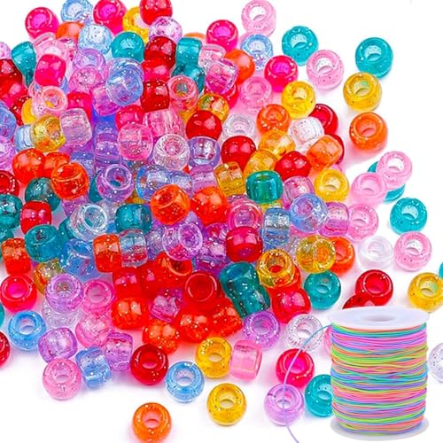 500 Stück Perlen zum Auffädeln mit Regenbogenperlenfaden, Fädelperlen mit Großem Loch, Perlenschnur, Regenbogenfarben-Bastelfaden, leuchtet im Dunkeln Pony-Perlen, für Schmuck,Auffädeln Armbänder Bas von CYGMRFH