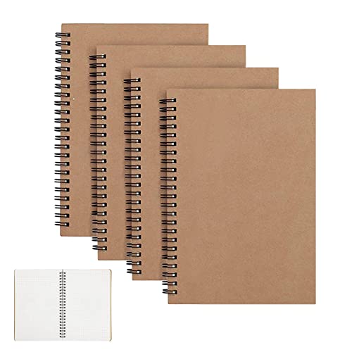 CYH 4 STK Notizbuch A5 Spirale Notizblock, Kraft Cover (100 Seiten/50 Blattt) Skizzenblock Tagebuch Skizzenbuch Classic Schreibblock Zeichenblock Sketchbook Notepad, für Reisen Schule - Kariert von CYH