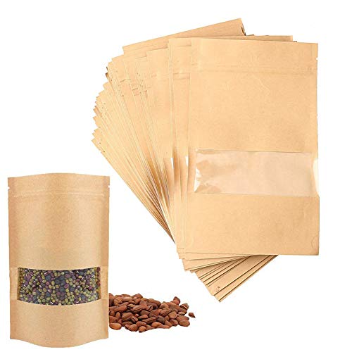 CYH 50 Stück Mini Papierbeutel Braun, Wiederverwendbar Kleine Papiertüten mit Sichtfenster und Reißverschluss, für Nüsse, Kaffeebohnen, Teeblätter von CYH