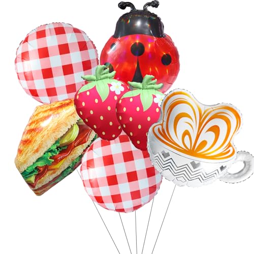 7 x Picknick-Party-Ballons/Sandwich, Kaffeetassen-Lebensmittelballon/Erdbeere, Marienkäfer und roter Gingham-Folienballons für Sommer, Outdoor-Party, Bauernhof-Thema, Gartenbrunnch 7 x Picknick-Party-Ballons/Sandwich, Kaffeetassen-Lebensmittelballon/Erdbeere, Marienkäfer und roter Gingham-Folienballons für Sommer, Outdoor-Party, Bauernhof-Thema, Gartenbrunnch von CYMYLAR
