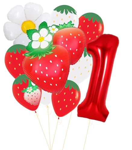 Berry First Birthday Balloons Kit - 9 Stück Blume Erdbeere Luftballons Riesige 101.6 cm Red One Ballon | Perfekt für Berry First Birthday Decor | Erdbeere 1. Geburtstag Dekorationen für Mädchen von CYMYLAR