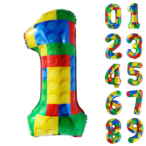 CYMYLAR 32 Zoll Baustein-Zahlenballon, bunte Zahlenblock-Folienballons, Heliumballon-Zahlen für Geburtstag, Ziegel-Mottoparty-Dekorationen (Nummer 0) von CYMYLAR