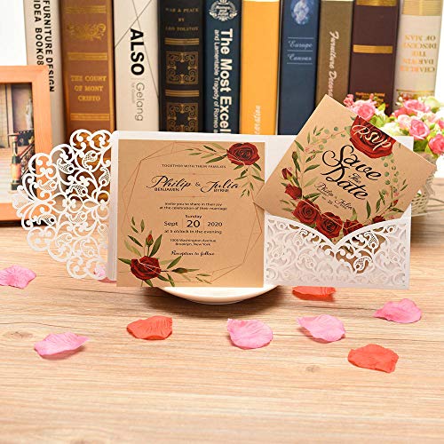 CYSKY Hochzeitseinladungskarte 40 Stücke laser geschnittenes Hochzeitseinladungskit mit leerem bedruckbarem Papier und Umschlägen für Hochzeit, Geburtstag, Jubiläum (Weiß) von CYSKY