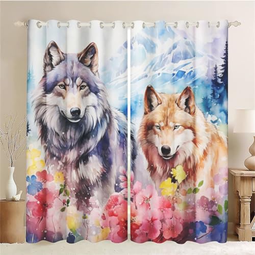 CYSYLQW Wolf Blickdichter Vorhänge Wolf Mit Ösen Tier Verdunkelungsvorhänge 2er Set Gardinen für Dekoration Kinderzimmer Wolf Verdunkelungsvorhang-Set (4,183 x 160 cm(2X91X160cm)) von CYSYLQW