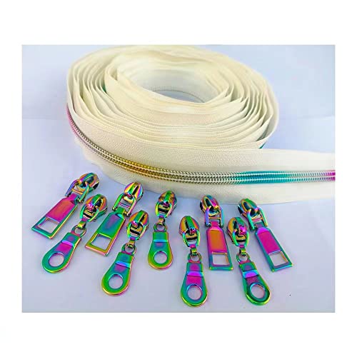 CYS Weißes Reißverschlussband in Regenbogenfarben, von The Yard #5, 9,1 m, Nylonspule, lang, weiße Reißverschlüsse, bunte Zähne mit 10 Regenbogen-Reißverschlüssen, Rolle für Geldbörse und Taschen von CYSewing