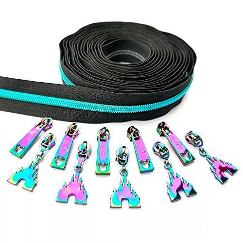 Nylon-Reißverschlüsse zum Nähen, lange Reißverschlüsse mit blauen, metallischen Zähnen, schwarzes Klebeband, mit 10 Regenbogen-Ziehen, CYS-Reißverschluss für Schneiderarbeiten (schwarzes Klebeband) von CYSewing