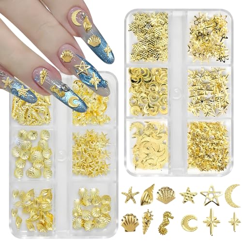 2 Boxen goldene Nagel-Charms, Stern, Ozean, Metall, kleiner Stern, Mond, Muschel, Seestern, Sommer, 3D-Charms, Schmuck, Maniküre-Dekorationen für Nagelkunst, DIY-Zubehör 2 Boxen goldene Nagel-Charms, Stern, Ozean, Metall, kleiner Stern, Mond, Muschel, Seestern, Sommer, 3D-Charms, Schmuck, Maniküre-Dekorationen für Nagelkunst, DIY-Zubehör von CYUXING