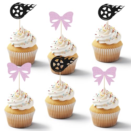 24 Stück Burnouts oder Schleifen, Cupcake-Topper, Gender Reveal, Kuchenaufsatz, Rad, Glitzer, Geburtstagsdekoration, Schleife, Mottoparty für Babyparty, Verlobungszubehör von CYUXING