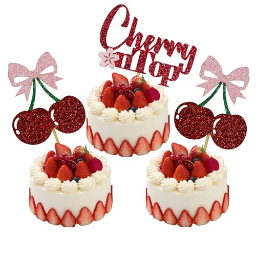 24 Stück glitzernde Kirsch-Cupcake-Topper, Party-Dekorationen mit Kirschen oben drauf, süße Babyparty-Dekorationen, Dessert-Dekoration mit Obstmotiv für Babypartys und Verlobungen von CYUXING