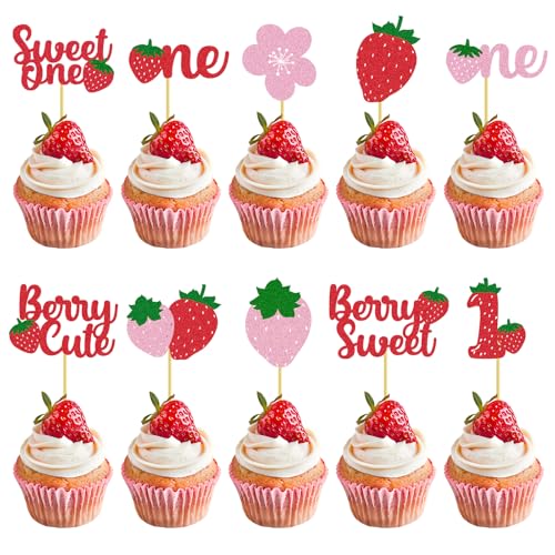 30 Stück Sweetheart-Erdbeer-Cupcake-Dekoration, feine Verarbeitung, Erdbeer-Cupcake-Topper, Dekorationszubehör, geeignet für die Dessertdekoration zur 1. Geburtstagsfeier, Babytaufe von CYUXING
