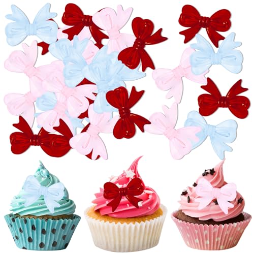 30 Stück rosa-rot-blaue Schmetterlings-Kuchendekorationen aus Kunstharz mit Klebepunkten, Partydekorationen mit blauen Schleifen, geeignet zum Dekorieren von Geburtstagsfeiern, Verlobungsfeiern von CYUXING