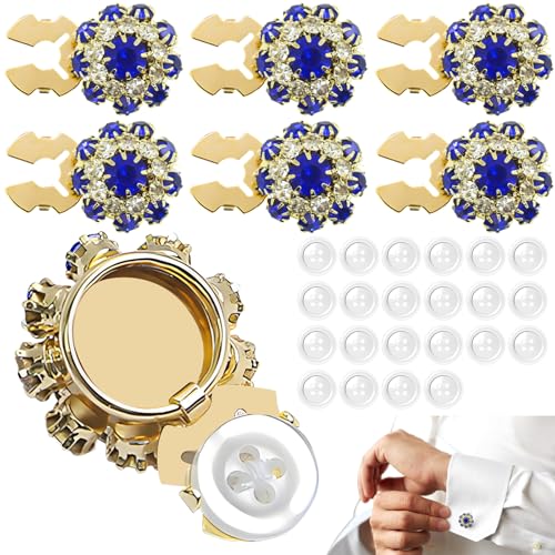 6-teilige Knopfabdeckungen mit Strasssteinen in Gold und Blau, Nähknopfabdeckungen, Dekor für Damenblusen, glänzende und exquisite DIY-Basteldekoration, geeignet zum Nähen von Dekorationen von CYUXING