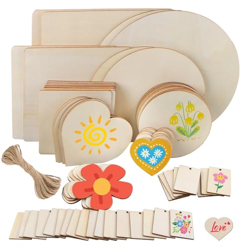 CYUaoao 73 Stück Unbehandeltes Holzplatte zum Basteln, Brandmalerei Holz mit Hanfseil, Herz, Rund und Quadratisch Holzscheiben Rohlinge für DIY Ornamente,Brandmalerei, Malerei, Schreiben von CYUaoao
