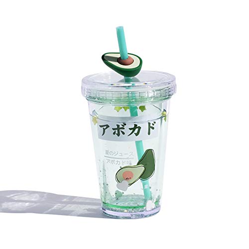 Kawaii-Wasserflasche mit Strohhalm, tragbar, glitzernd, niedlich, mit Erdbeere und Avocado-Pattrns Kawaii-Sachen (grün) von CYee
