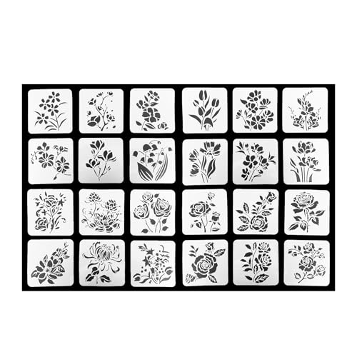 CZAKOMIX Blumen Schablonen Zum Malen 24Stück,4 Stile,Wiederverwendbare Kunststoff Zeichenschablone,13*13cm Malschablonen,Für Diy Scrapbooking,Fotoalbum,Holz Möbel Deko -Rosen,Tulpen,Lotus,Maiglöckchen von CZAKOMIX