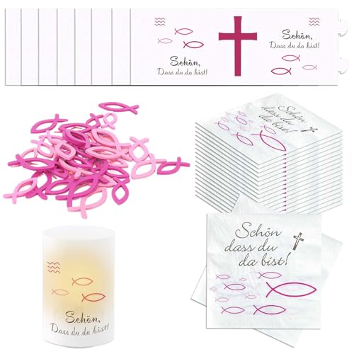 Heilige Dekorationen Set – Schön Dass Du Da Bist Tischdekoration – Inkl. Kerzenlampenschirme, Servietten, Holzfische – Deko für Taufe, Kommunion, Konfirmation – 30-teilig – Naturfarben von CZAYEFNH