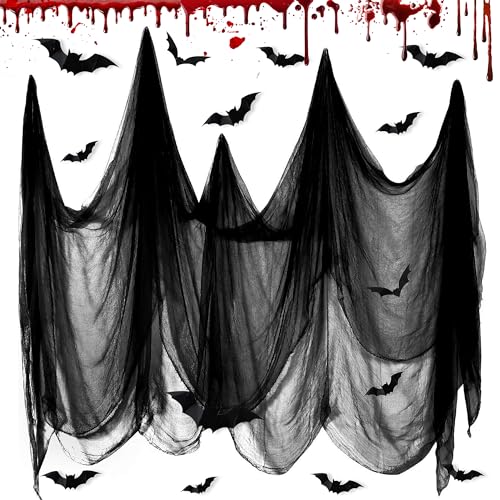 Halloween Deko Stoff,CZMAO Schwarzer Stoff mit 12 Fledermaus Aufkleber, Schwarze Gruselige Stoffe, Schwarzes Spinnennetz Baumwollgarn für Halloween Horror Hängende Halloween-Dekoration (215 * 800CM) von CZMAO