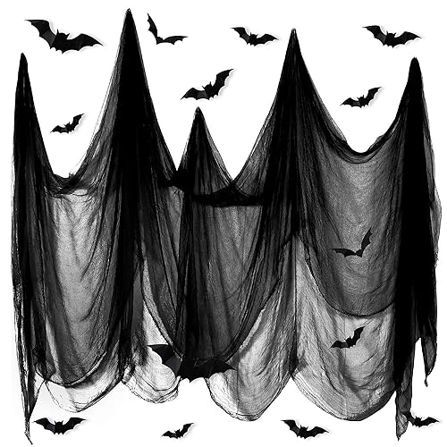 Halloween Deko Stoff,CZMAO Schwarzer Stoff mit 12 Fledermaus Aufkleber, Schwarze Gruselige Stoffe, Schwarzes Spinnennetz Baumwollgarn für Hängende Halloween-Dekoration (215 * 500CM) von CZMAO