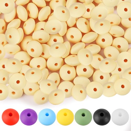 Silikon-Linsenperlen, 12 mm, Gummi, Silikon, lose Perlen für Schlüsselanhänger, Armband, Halskette, Basteln, Hellgelb, 100 Stück von CZWZ