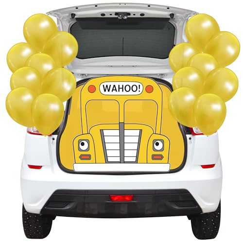 CZgfva Halloween-Schulbus-Kofferraum oder Leckerei-Auto-Dekorationssets, gelber Bus-Tischdecken, Hintergrund mit Luftballons, für Innen- und Außenbereich, Halloween-Geburtstagsparty-Dekor für SUV von CZgfva