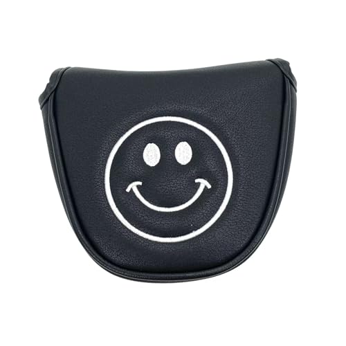 Golf SchläGerkopfhüLlen 1 stück Lächelndes Gesicht Muster Golf Putter Abdeckung PU Leder Mallet Putter Abdeckung Magnetverschluss Golf Headcover GolfschläGer Hauben(Noir) von CaFfen