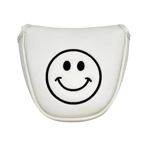 Golf SchläGerkopfhüLlen 1 stück Lächelndes Gesicht Muster Golf Putter Abdeckung PU Leder Mallet Putter Abdeckung Magnetverschluss Golf Headcover GolfschläGer Hauben(White) von CaFfen