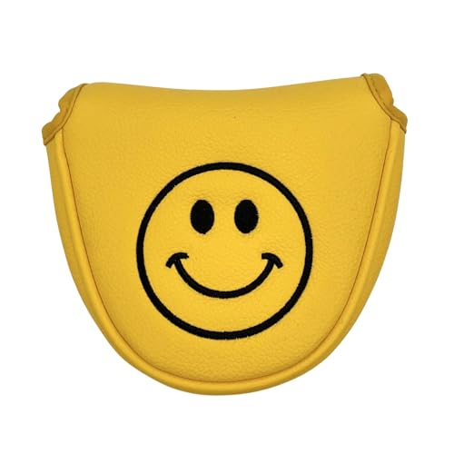 Golf SchläGerkopfhüLlen 1 stück Lächelndes Gesicht Muster Golf Putter Abdeckung PU Leder Mallet Putter Abdeckung Magnetverschluss Golf Headcover GolfschläGer Hauben(Yellow) von CaFfen
