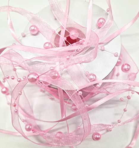 CaPiSo 10m Schleifenband 3-teilig mit Organza und 4mm Perlen Dekoband Trendyband Perlenband Perlen am Band (Rosa-Babyrosa) von CaPiSo