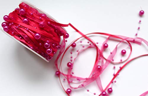 CaPiSo 10m Schleifenband 3-teilig mit Organza und 4mm Perlen Dekoband Trendyband Perlenband Perlen am Band (Fuchsia-Pink) von CaPiSo