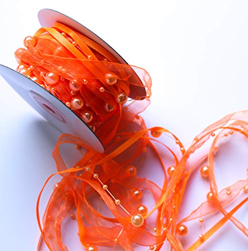 CaPiSo 10m Schleifenband 3-teilig mit Organza und 4mm Perlen Dekoband Trendyband Perlenband Perlen am Band Orange (Neonorange) von CaPiSo